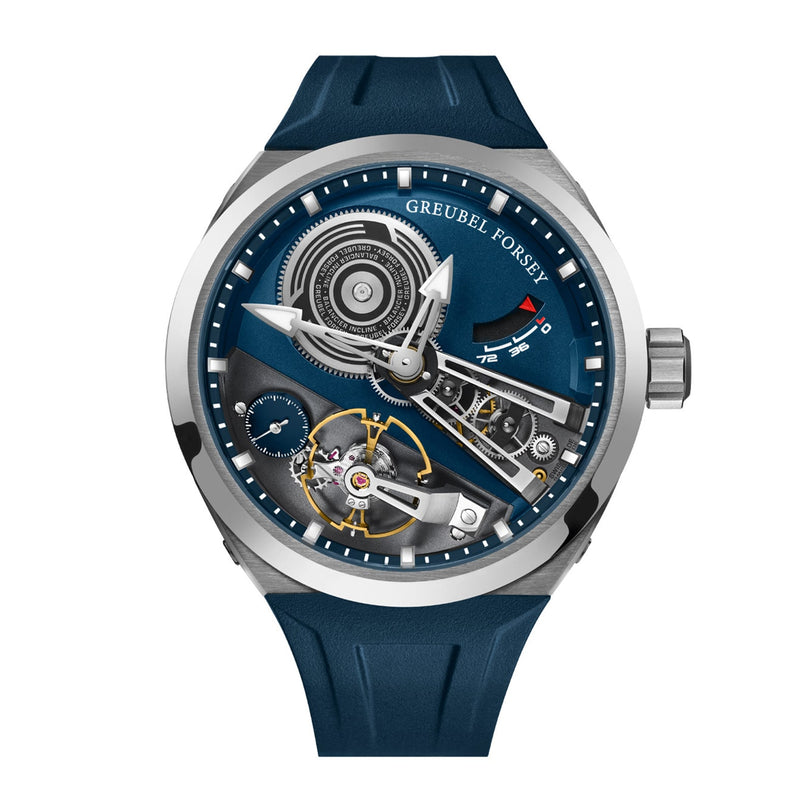 The Greubel Forsey Balancier Convexe S² features a blue strap, openwork dial with visible gears, and a power reserve indicator.