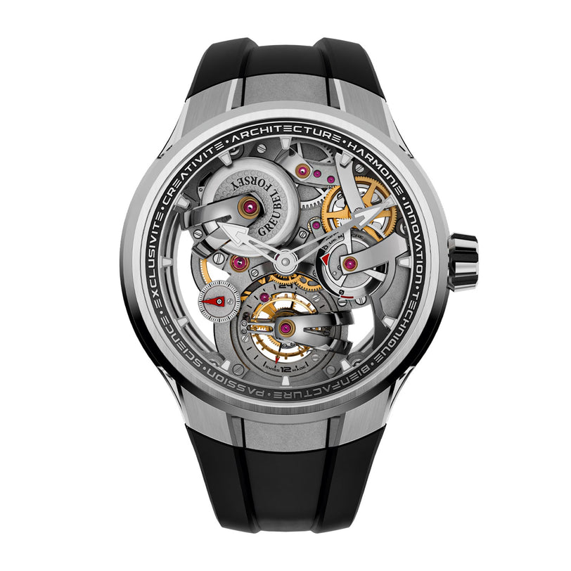 The Greubel Forsey Tourbillon 24 Secondes Architecture is a luxury skeleton watch with a transparent dial revealing intricate gears and mechanical parts, paired with a black rubber strap.