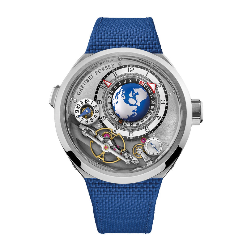 The Greubel Forsey GMT Balancier Convexe is a luxury wristwatch with a blue strap, silver face, rotating globe, and exposed mechanical gears.