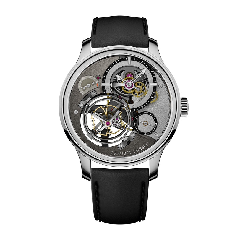 The Greubel Forsey Tourbillon Cardan is a luxury wristwatch featuring an exposed mechanical movement, visible gears, and a black leather strap—showcasing exceptional quality and high-end watchmaking craftsmanship.