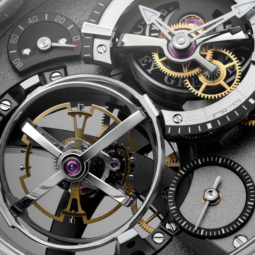 A selection of gears and dials from the Tourbillon Cardan over a gray background