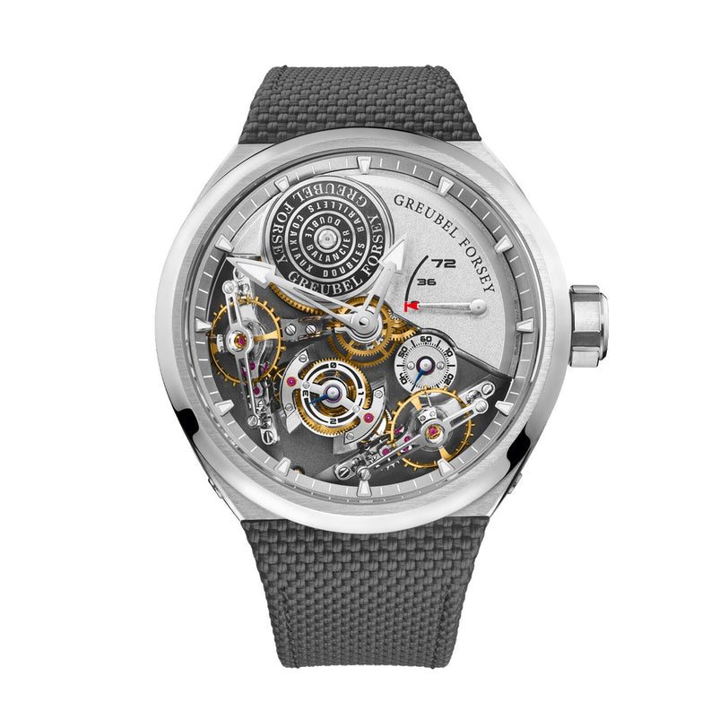 The Greubel Forsey Double Balancier Convexe features exposed gears, a grey textured strap, and a silver casing for a luxurious look.