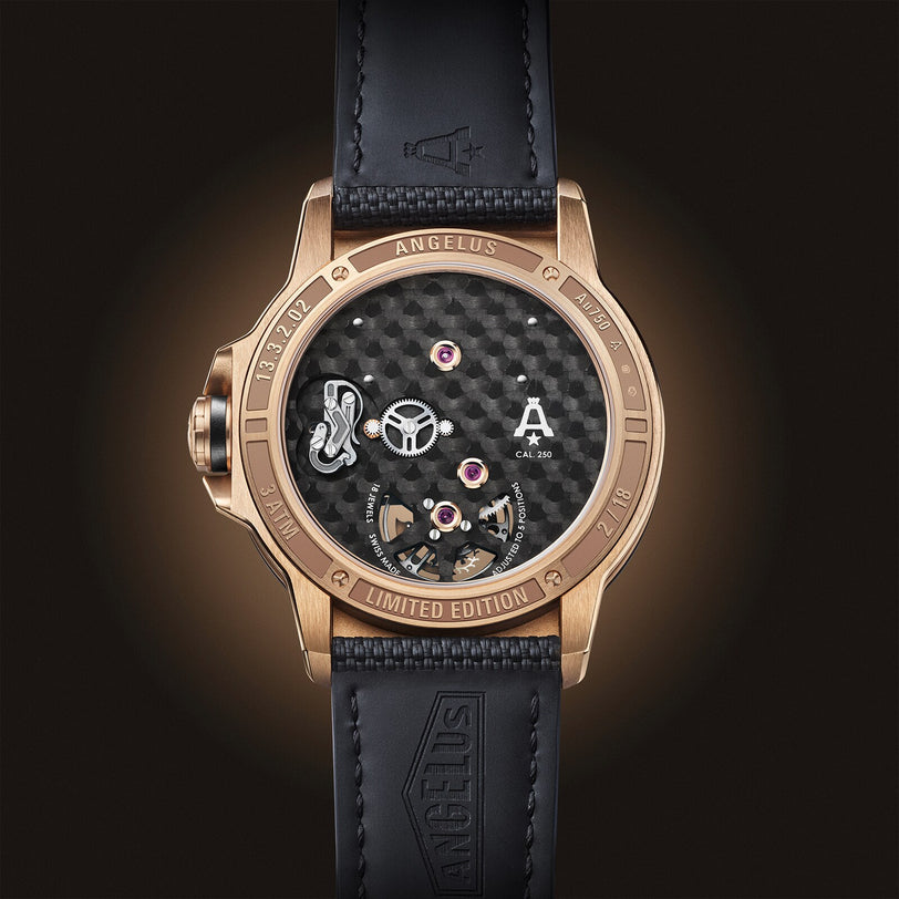 Angelus Gold & Carbon Flying Tourbillon limited edition watch with visible mechanical movement and black leather strap, displayed from the back.