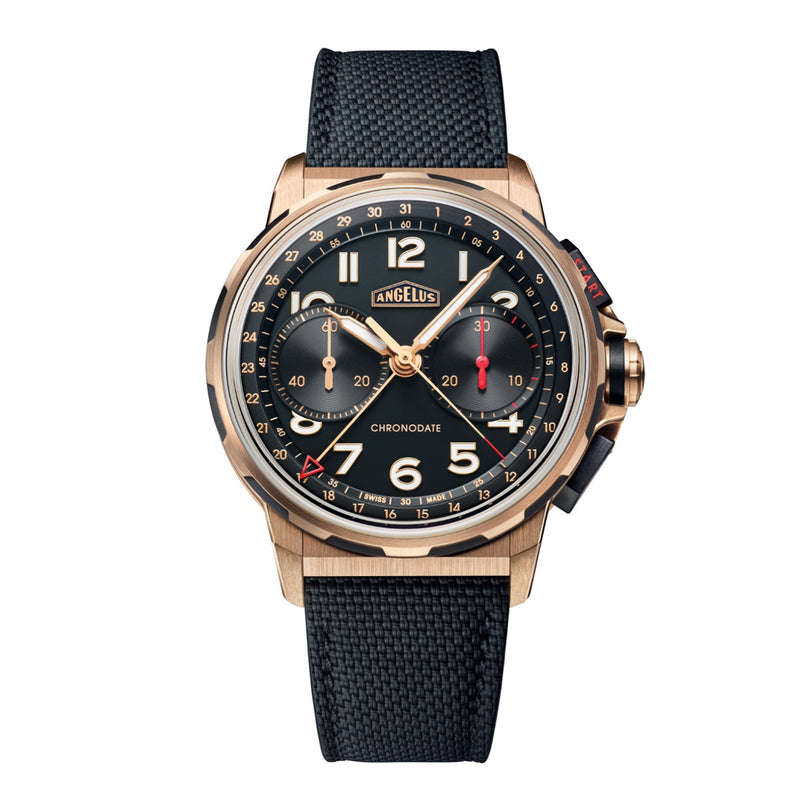 The Angelus Chronodate Gold Black is a gold chronograph wristwatch featuring a black dial, black strap, and bold numerals with distinct subdials.