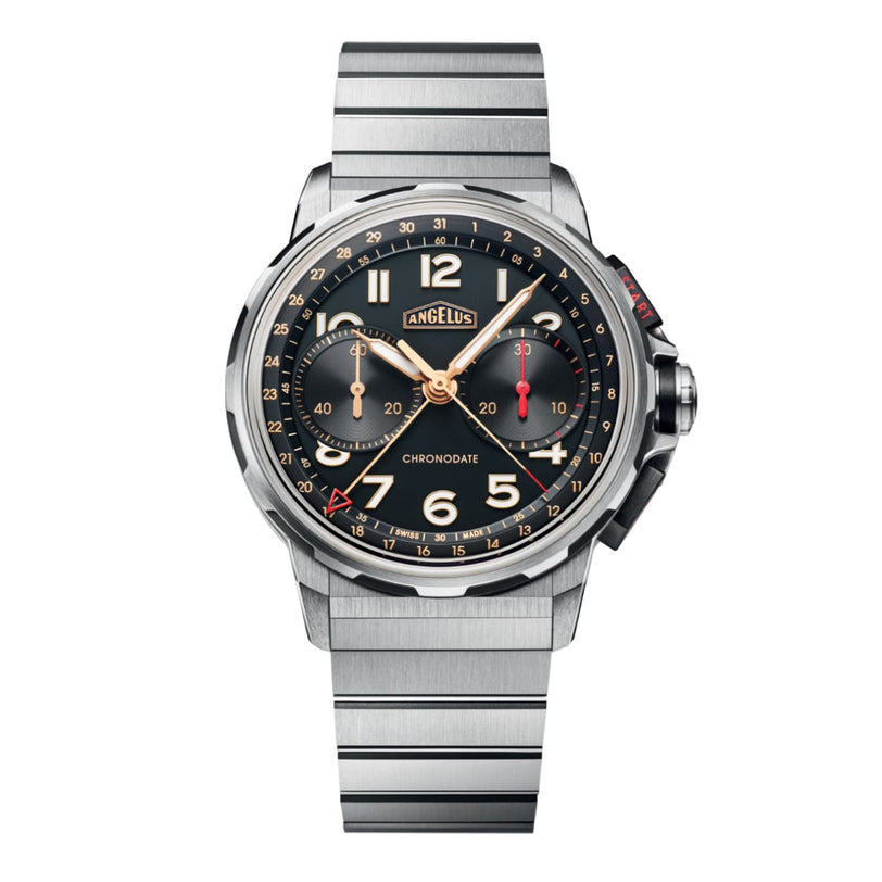 Angelus Chronodate Titanium Black Titanium wristwatch with a black dial, gold hands, two subdials, bold white numerals, and a sleek metal band.
