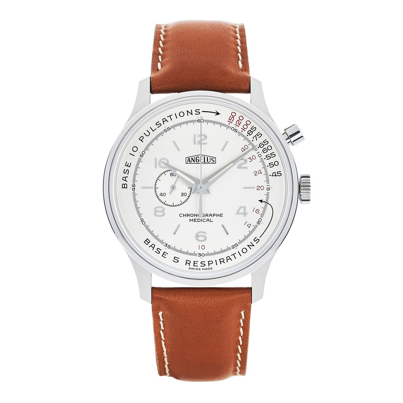 Angelus Chronographe Médical: a silver medical chronograph wristwatch with white dial, brown leather strap, and pulsations/respirations scales.