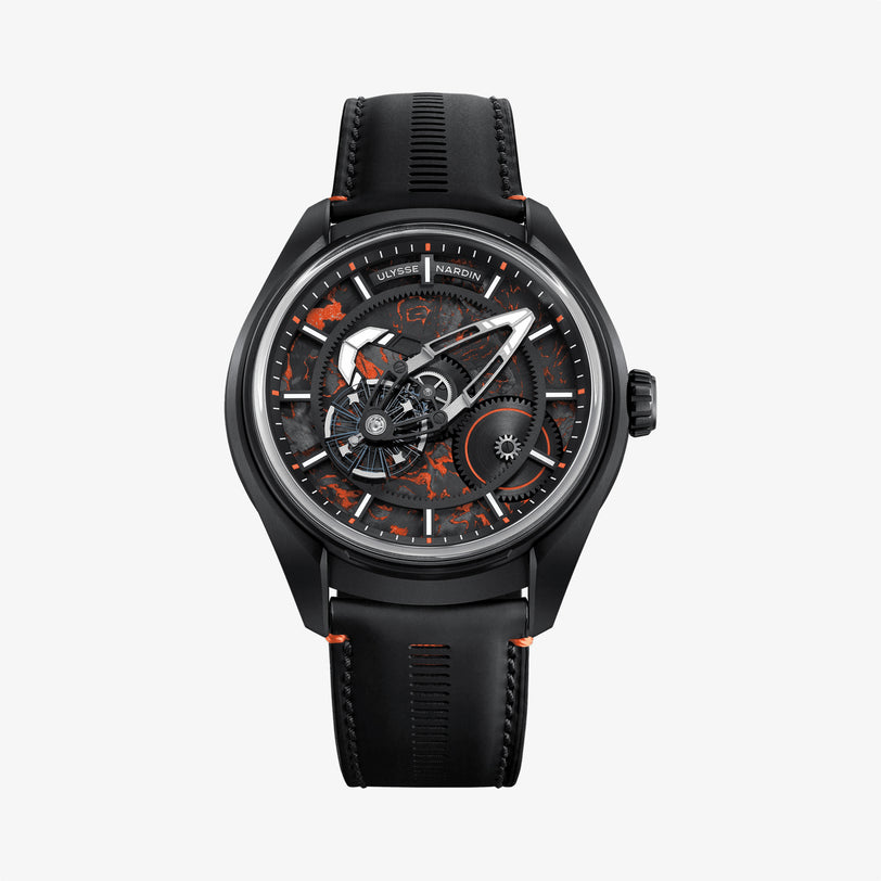 Black wristwatch with detailed face on a white background
