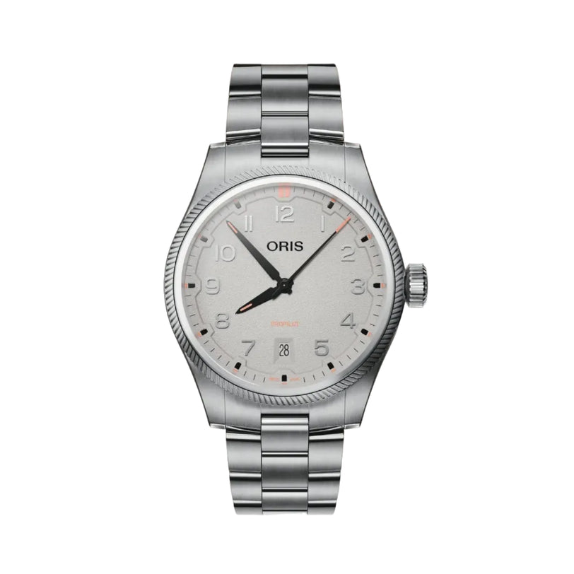 Silver Oris watch on a gradient background