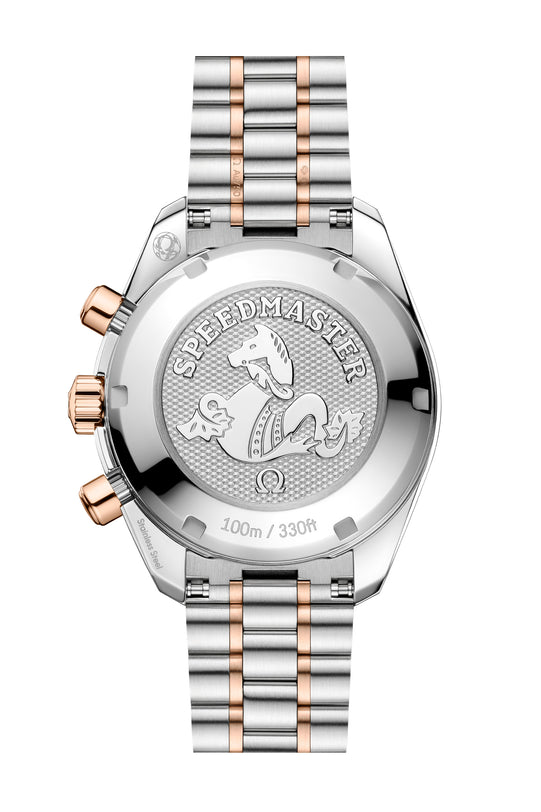 Two-toned Speedmaster 38 watch with silver and rose gold case, chronograph pushers, two-toned bracelet, and Speedmaster emble