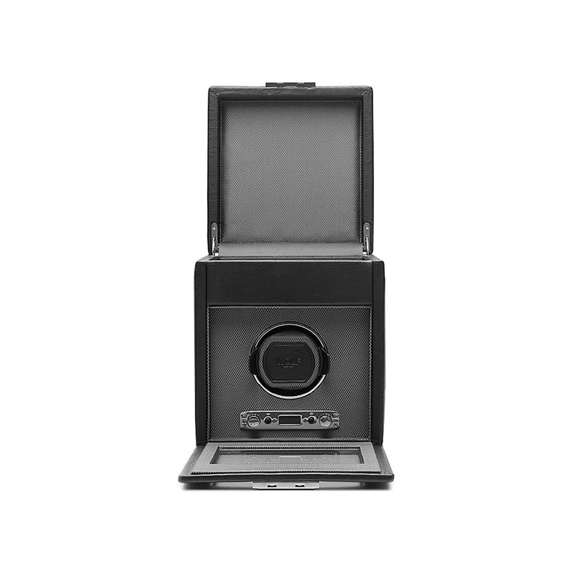 The WOLF Classic Single Watch Winder with Storage is shown with its lid open, revealing the watch holder and control panel.