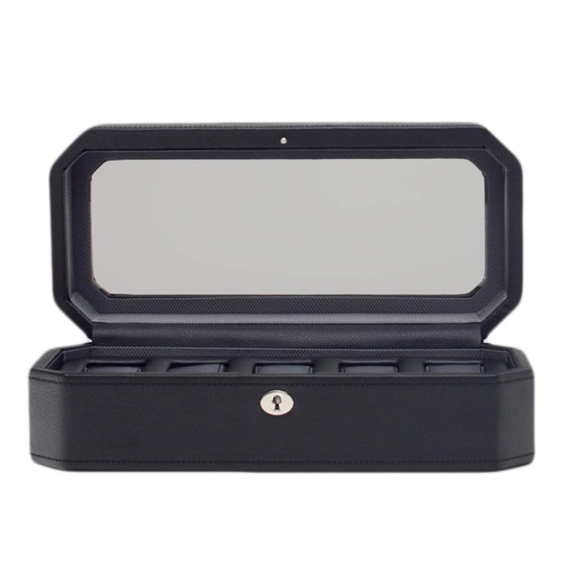 The WOLF Windsor 5 Piece Watch Box features a black leather exterior, glass lid, five slots, and a keyhole on the front.
