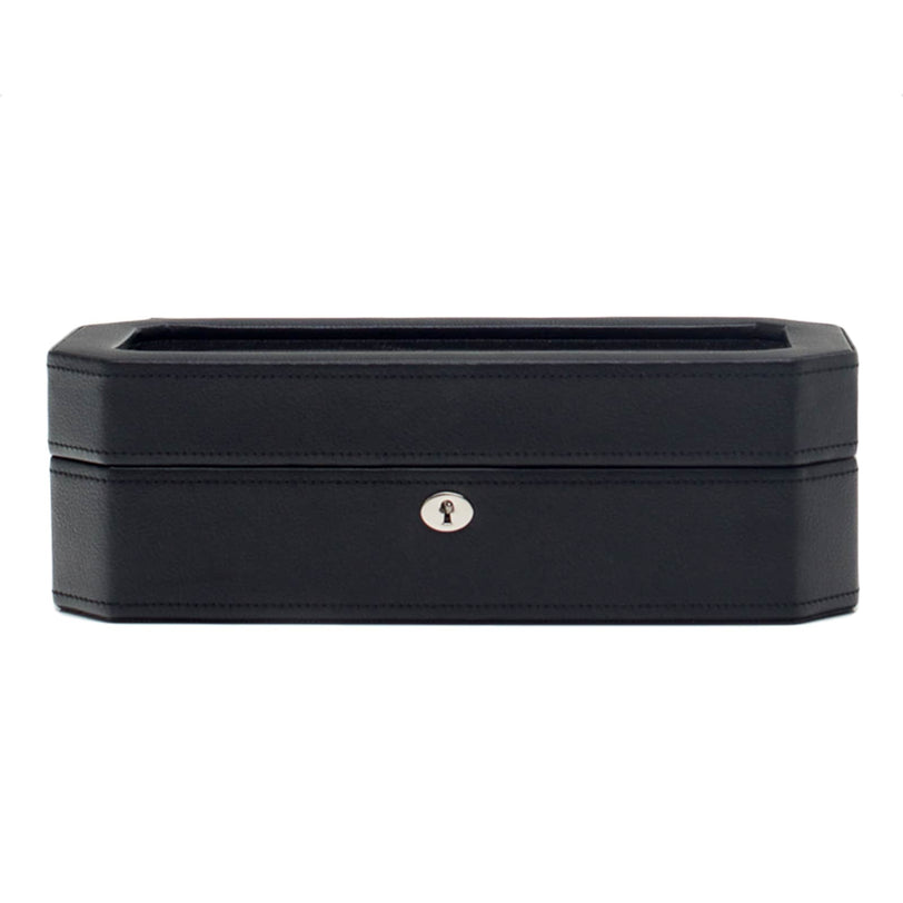The Windsor 5 Piece Watch Box by WOLF is a rectangular black leather box with a keyhole on the front, shown from the front against a white background.