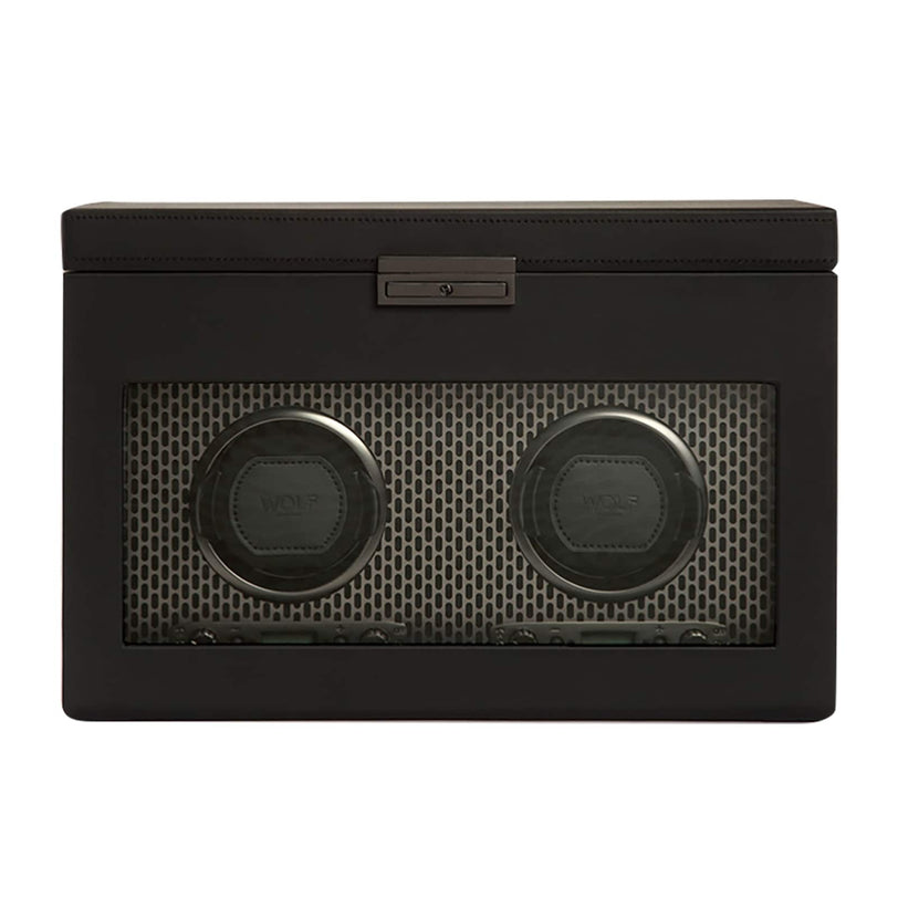 The WOLF Axis Double Watch Winder With Storage is a black rectangular box featuring a glass front, two winding slots, and a metal mesh background.