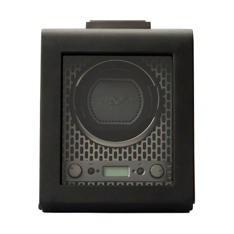 The WOLF Axis Single Watch Winder features a black finish, glass front, digital display, and control knobs on the bottom panel.
