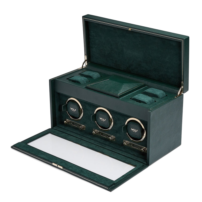 The WOLF British Racing Triple Watch Winder with Storage features three winders, compartments, and an open glass lid in a green leather finish.