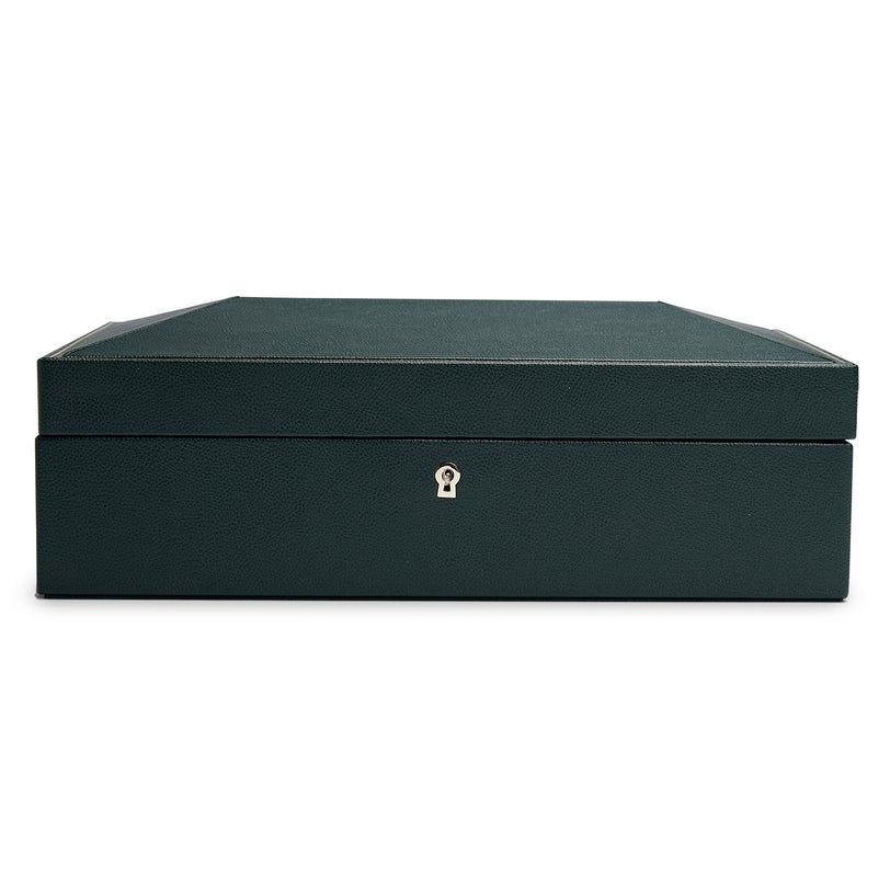The WOLF British Racing 10 Piece Watch Box is a closed dark green leather case with a keyhole on the front, shown from the front view.