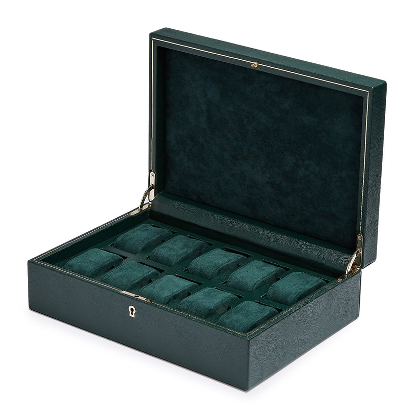 The WOLF British Racing 10 Piece Watch Box in green features twelve compartments with matching velvet pillows, displayed from a slight angle.