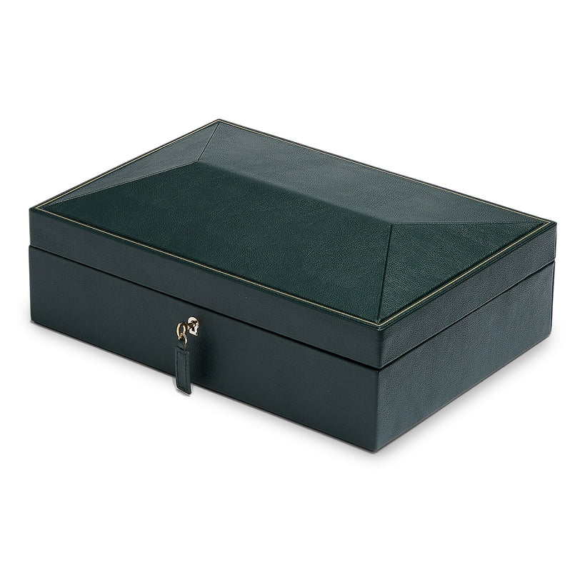 The WOLF British Racing 10 Piece Watch Box is a dark green rectangular case with a gold-trimmed lid and a small front lock.