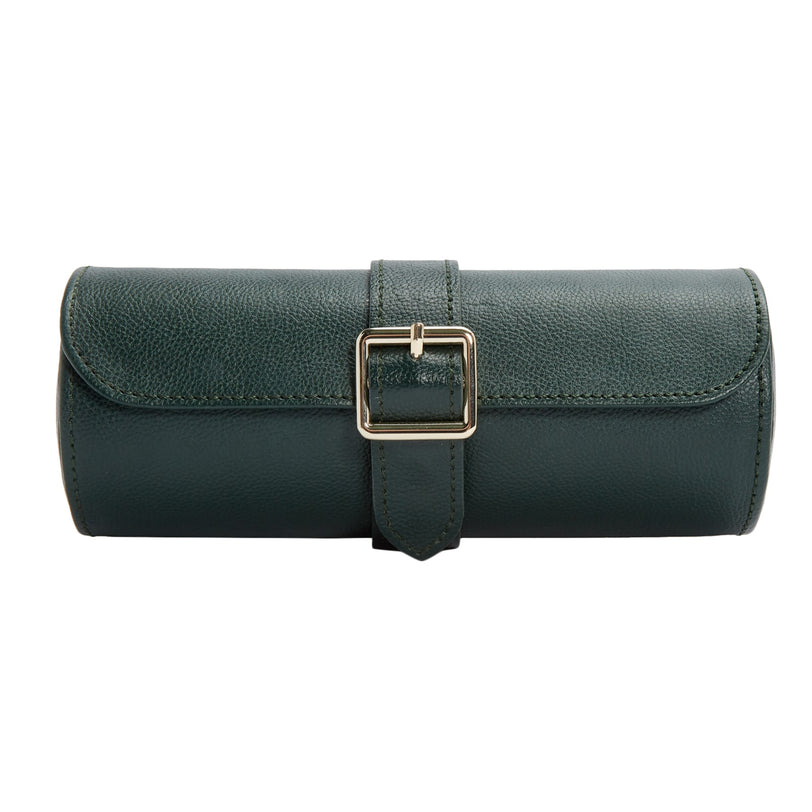 WOLF British Racing Triple Watch Roll in dark green leather with gold buckle closure, displayed on a plain white background.