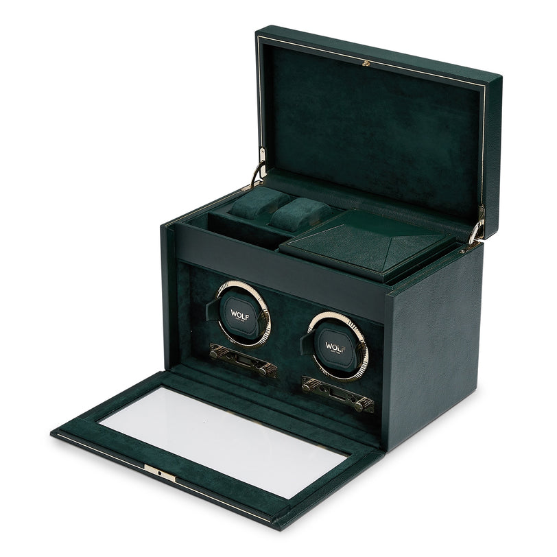 The WOLF British Racing Double Watch Winder with Storage features a dark green design, glass lid, two watch winders, and compartments for storing additional watches and accessories.