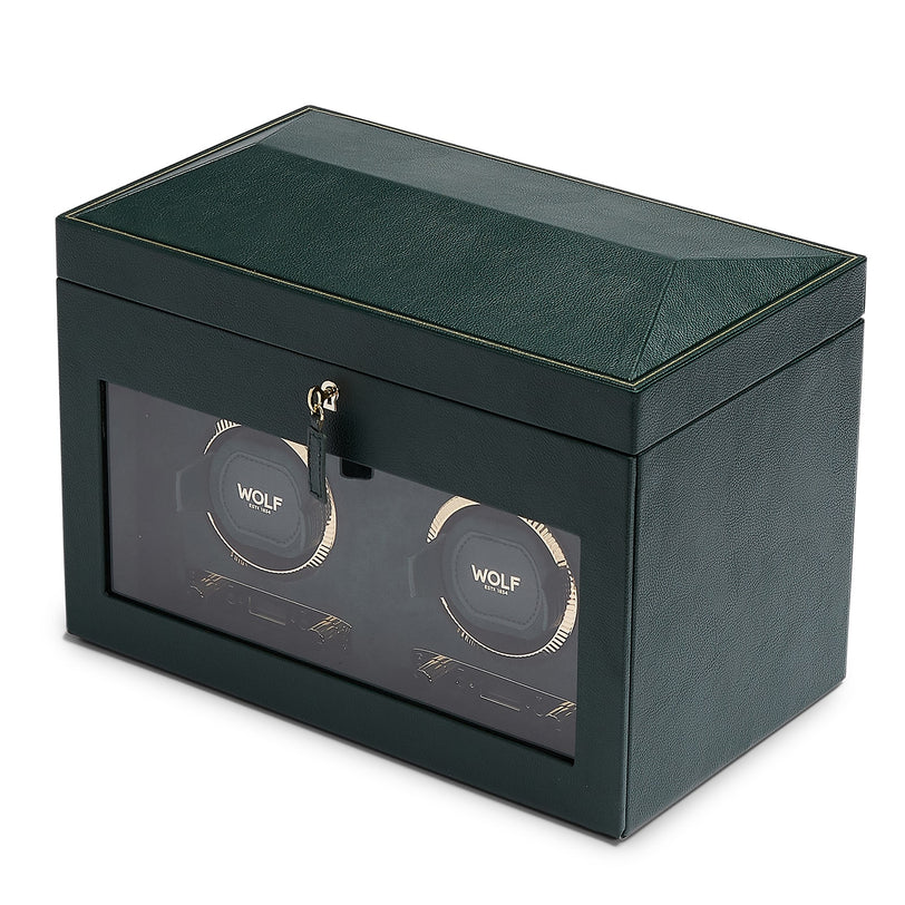 The WOLF British Racing Double Watch Winder with Storage is a dark green leather box with a glass front, lock, and space for two watches.