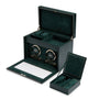 The WOLF British Racing Double Watch Winder with Storage features a green leather design, open lid, two watch winders, storage compartments, and a matching small box.