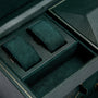 The WOLF British Racing Double Watch Winder with Storage features a dark green leather and suede interior, complete with empty watch cushions and compartments.