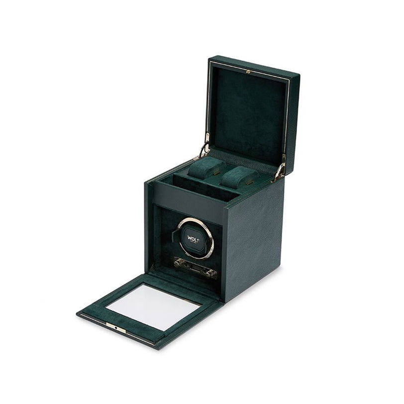 The WOLF British Racing Single Watch Winder with Storage is shown in dark green with the lid open, displaying a watch and cushioned holders inside.