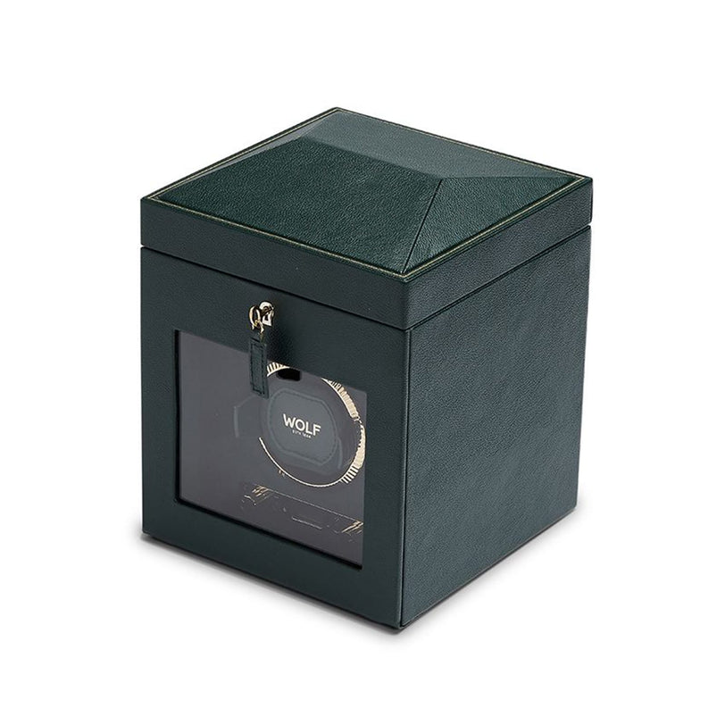 WOLF British Racing Single Watch Winder with Storage: dark green, square design with glass front showcasing one watch inside.
