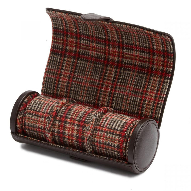 The WOLF WM Brown Watch Roll with Cigar Case, shown open and empty, features a plaid fabric cover and brown leather trim.