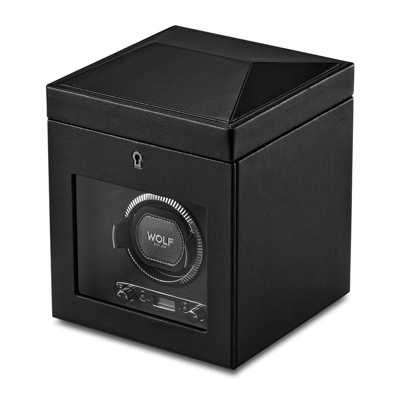 WOLF British Racing Single Watch Winder with Storage features a glass front and a visible rotating mechanism inside.