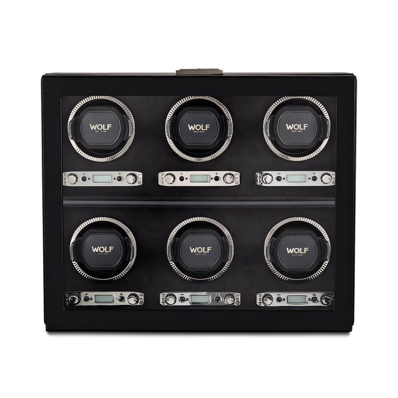 The WOLF British Racing 6 Piece Watch Winder features six circular winders with WOLF branding and digital controls below.