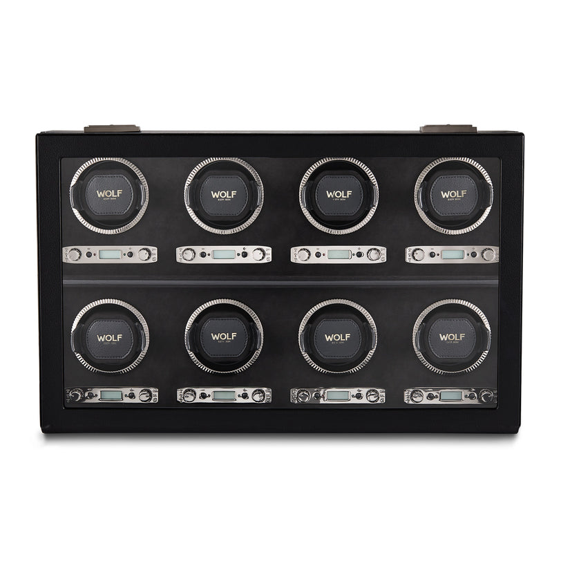 The WOLF British Racing 8 Piece Watch Winder is a black rectangular case featuring eight individual circular slots arranged in two rows.