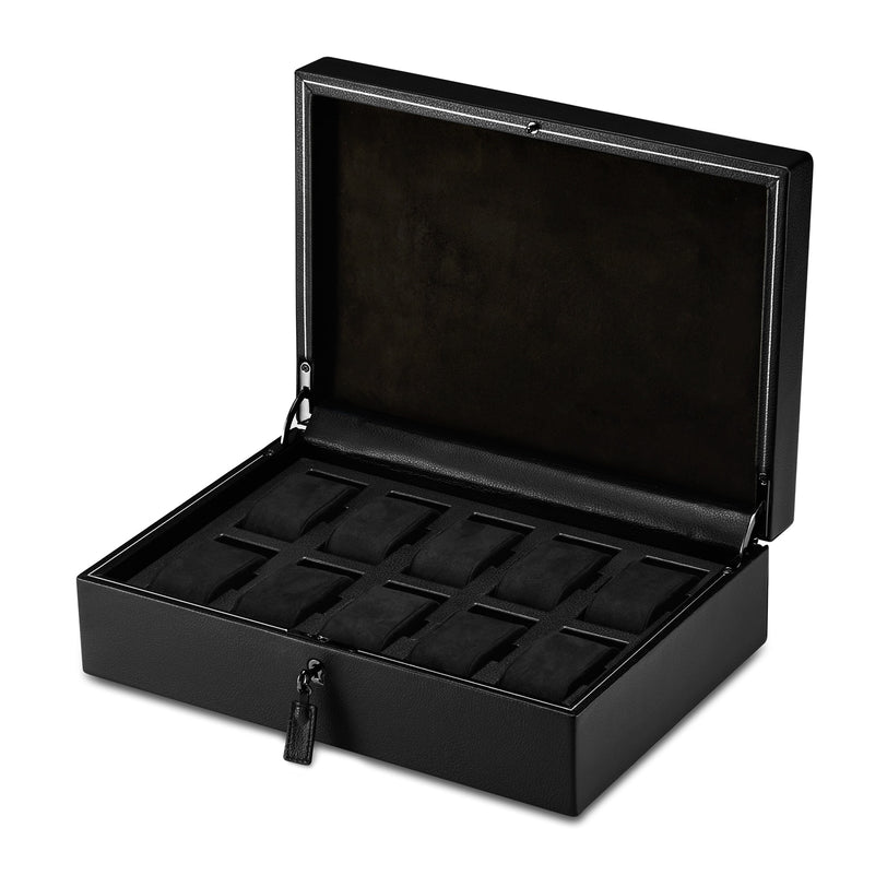 The WOLF British Racing 10 Piece Watch Box features a hinged lid and ten compartments, all lined with black fabric.