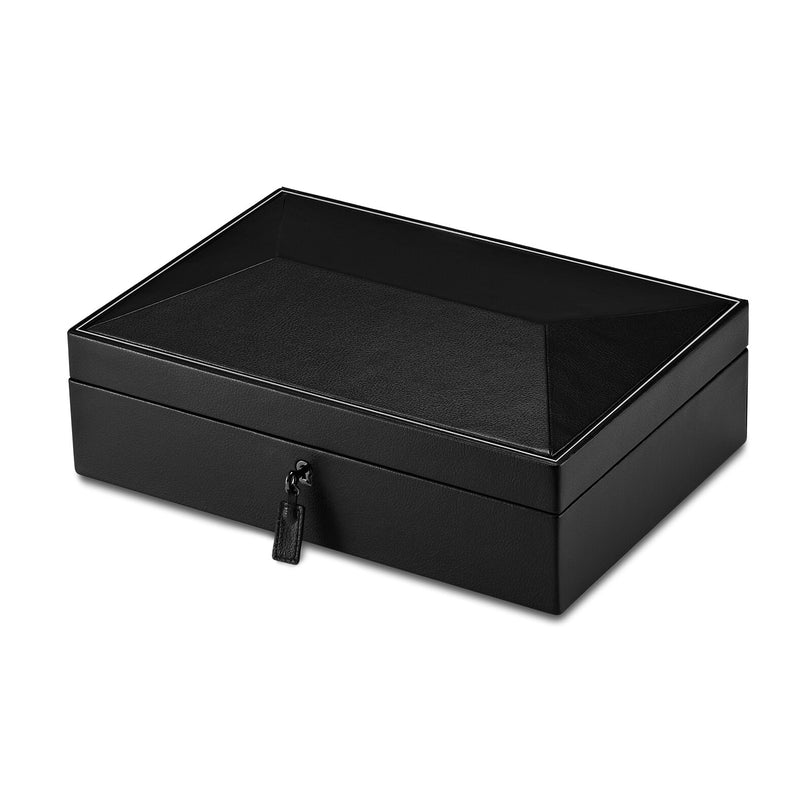 The WOLF British Racing 10 Piece Watch Box, rectangular and black with a lock, is closed and set against a plain white background.