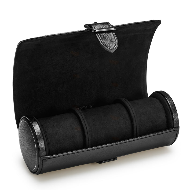 The WOLF British Racing Triple Watch Roll, crafted in black leather, is open to reveal three compartments for storing watches.