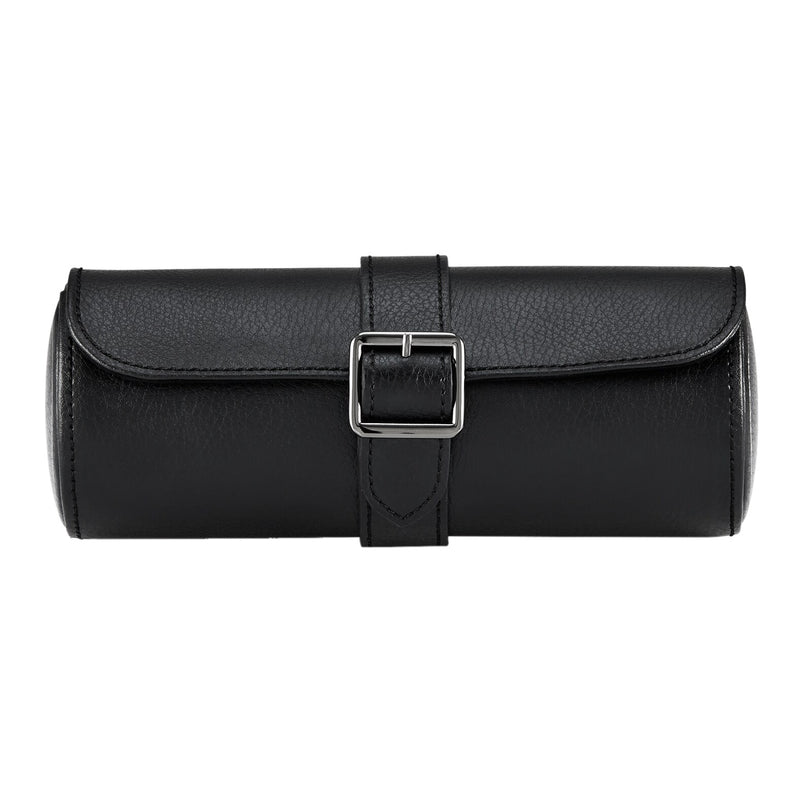 The WOLF British Racing Triple Watch Roll, a black leather case with a silver buckle, is shown against a white background.