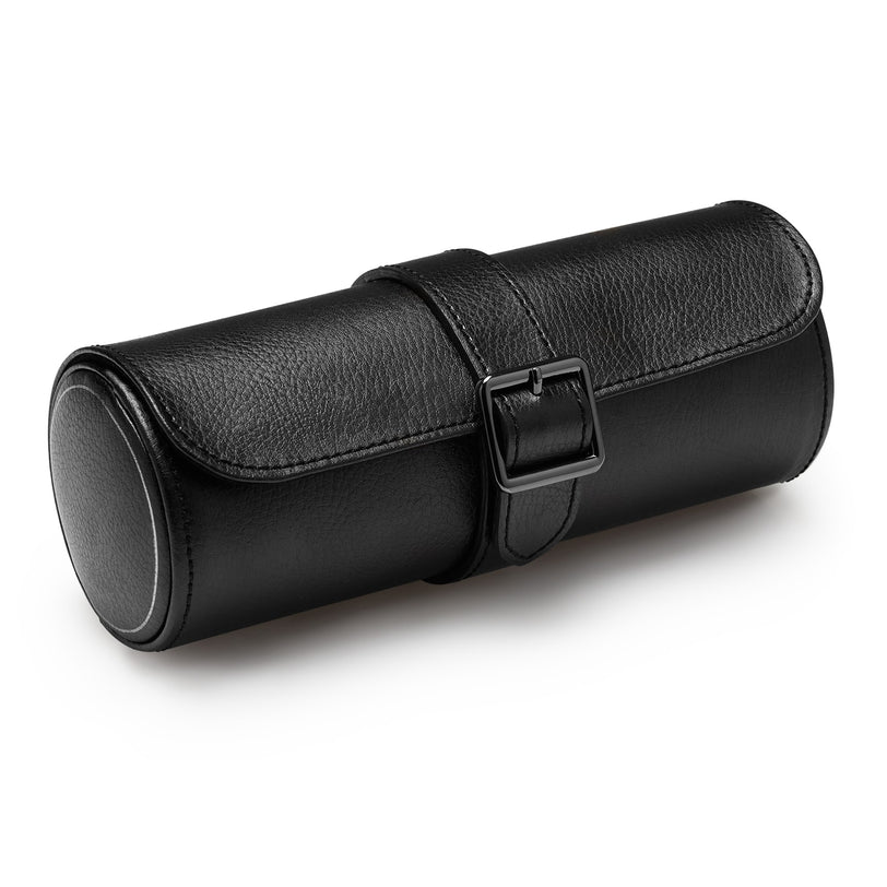 The WOLF British Racing Triple Watch Roll, a black leather cylindrical case with a buckle strap, is displayed on a white background.