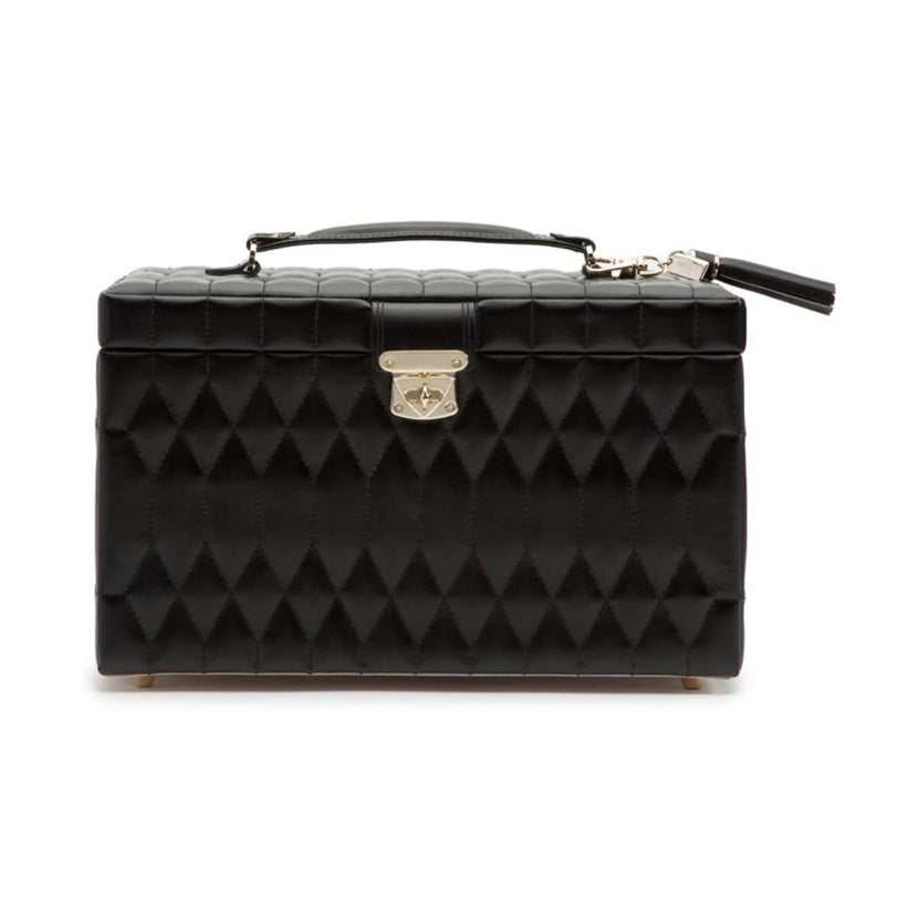 The Caroline Large Jewellery Case by WOLF features black quilted leather, a top handle, silver clasp, and a geometric diamond pattern.
