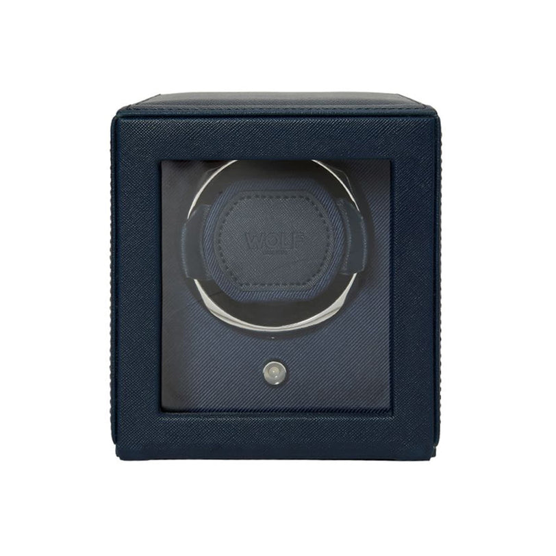 Navy blue WOLF Cub Single Watch Winder with Cover, featuring a transparent front that displays the watch holder inside.
