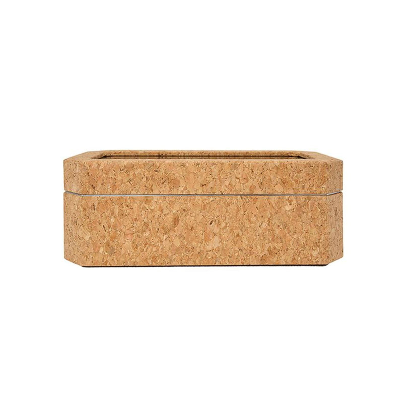 The WOLF Cortica 4 Piece Watch Box, a rectangular cork storage box with a lid, is shown against a white background.