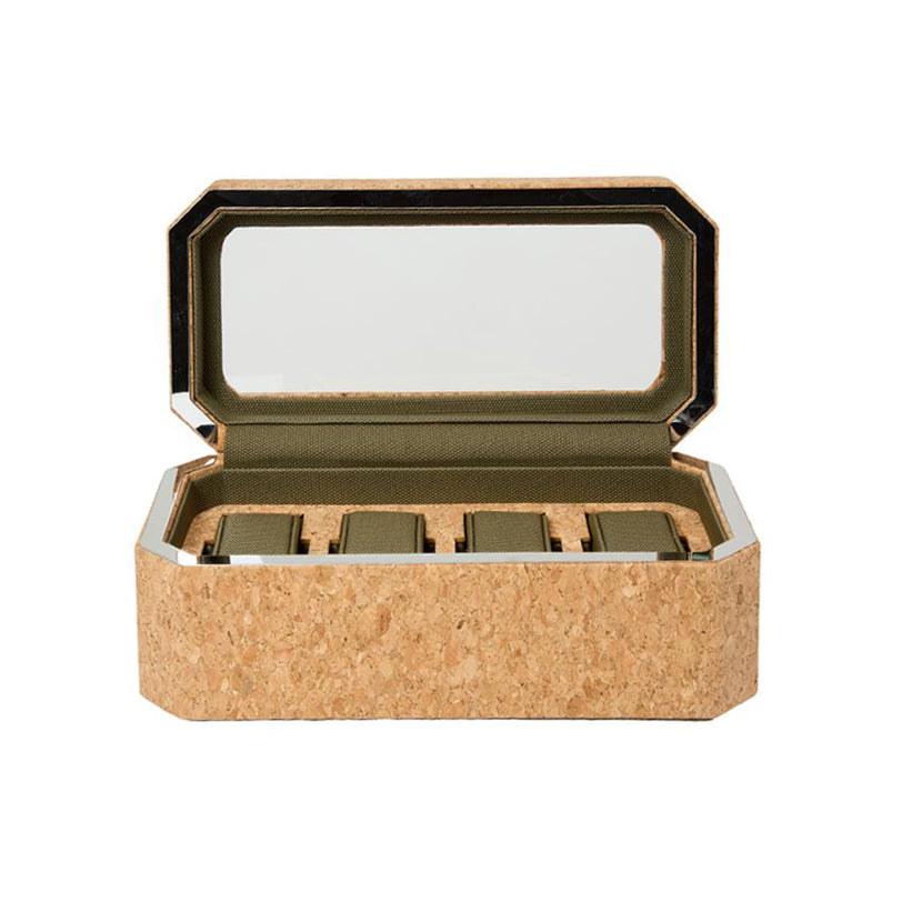 The WOLF Cortica 4 Piece Watch Box features a rectangular cork design with a hinged lid, interior mirror, and four padded storage compartments.
