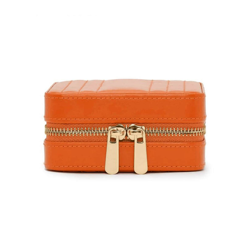 The WOLF Maria Small Zip Case is an orange rectangular box with gold zippers and two zipper pulls, shown on a white background.