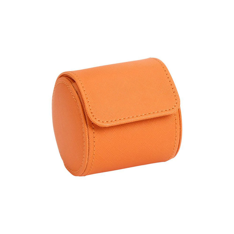 The WOLF Tutti Frutti Single Watch Roll in orange leather features a flap closure and is shown against a white background.