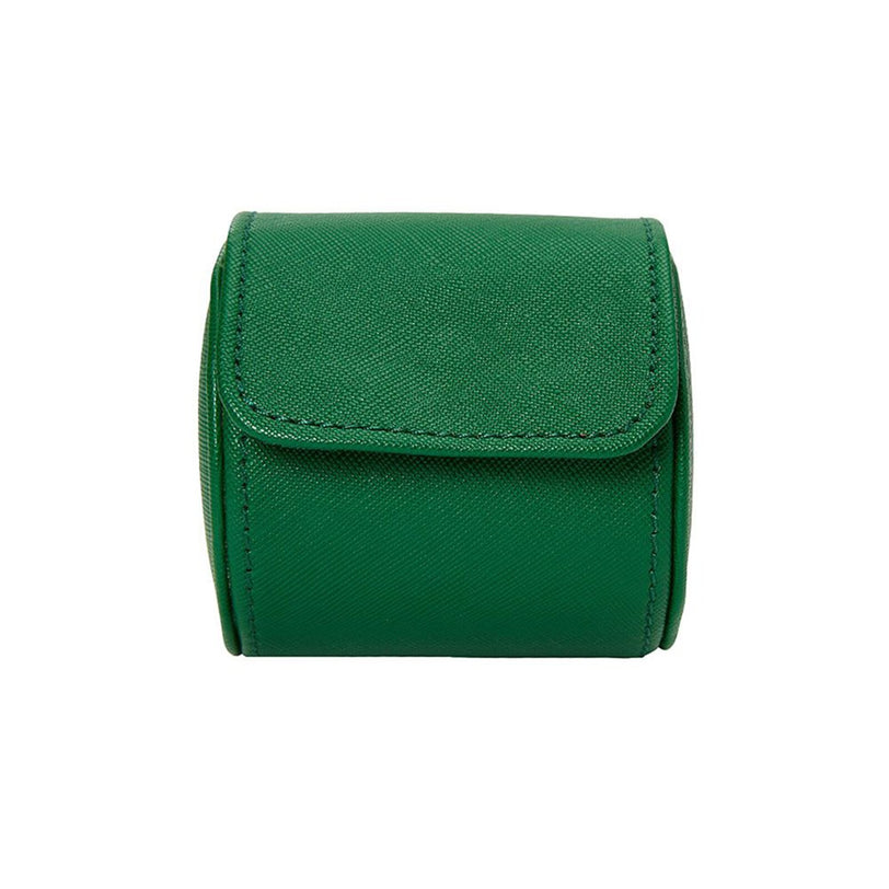 The WOLF Tutti Frutti Single Watch Roll is a small, green, textured leather pouch with a flap closure, displayed against a white background.