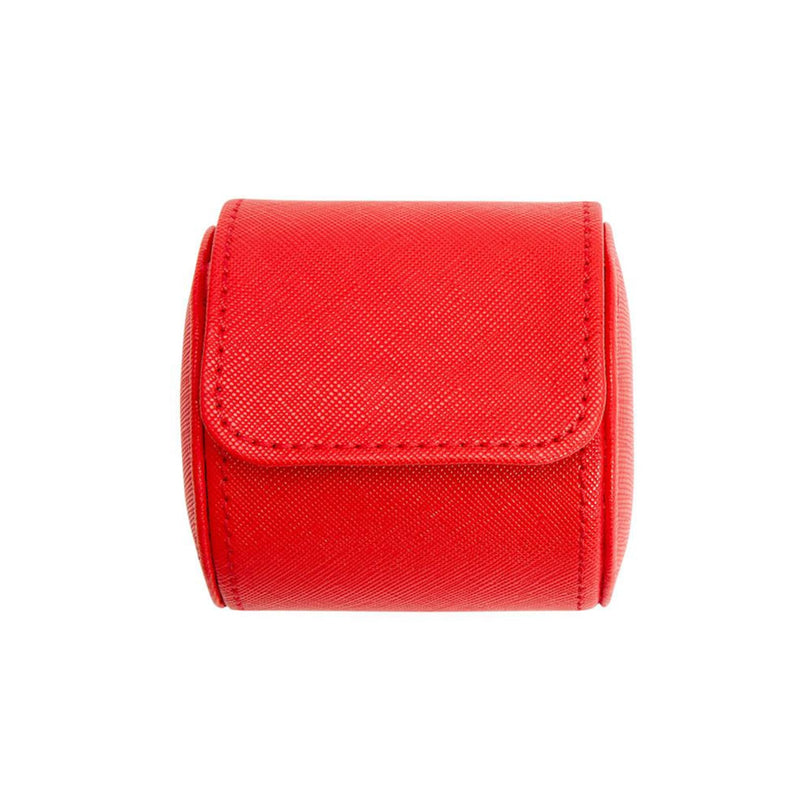 The WOLF Tutti Frutti Single Watch Roll is a small, red, textured leather case with a flap closure, displayed against a white background.