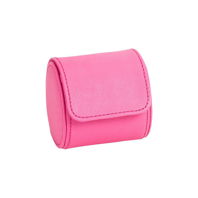 The WOLF Tutti Frutti Single Watch Roll is a small, pink, rectangular case with a flap closure, shown on a white background.