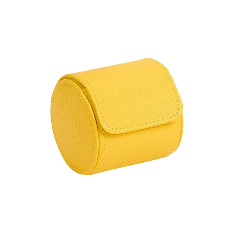 The WOLF Tutti Frutti Single Watch Roll, featuring a yellow cylindrical case with a flap closure, is displayed against a plain white background.