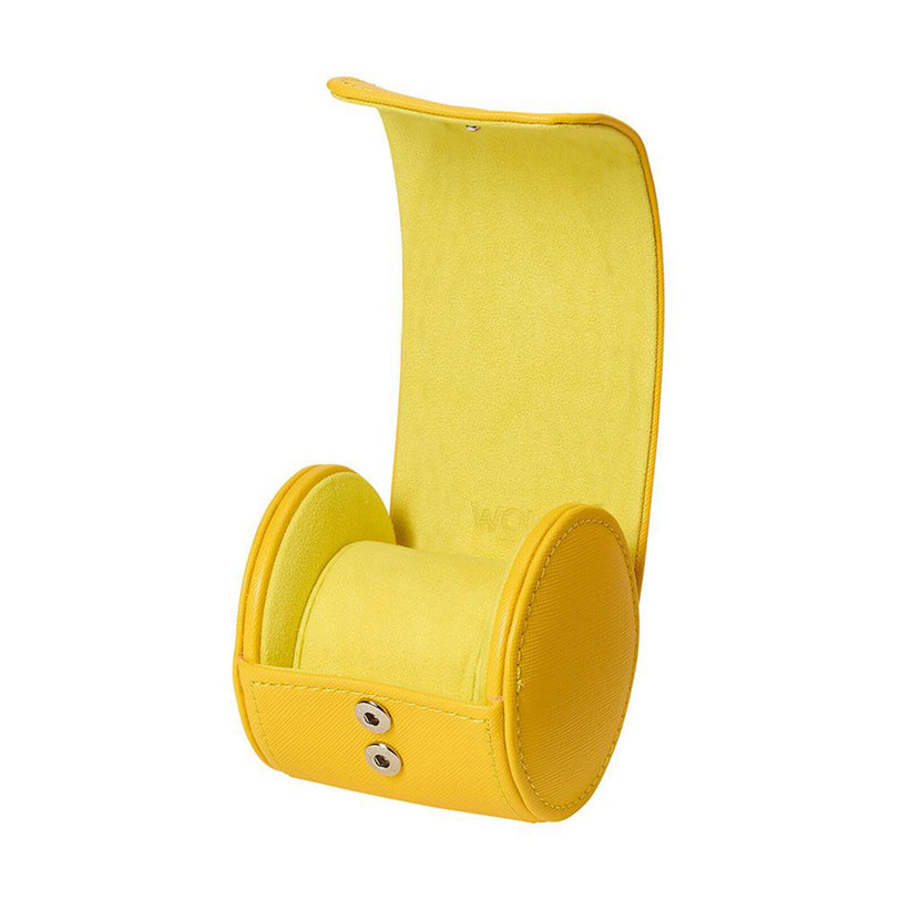 The WOLF Tutti Frutti Single Watch Roll is a yellow leather cylindrical case with snap buttons, opening to reveal a soft interior, shown isolated on a white background.