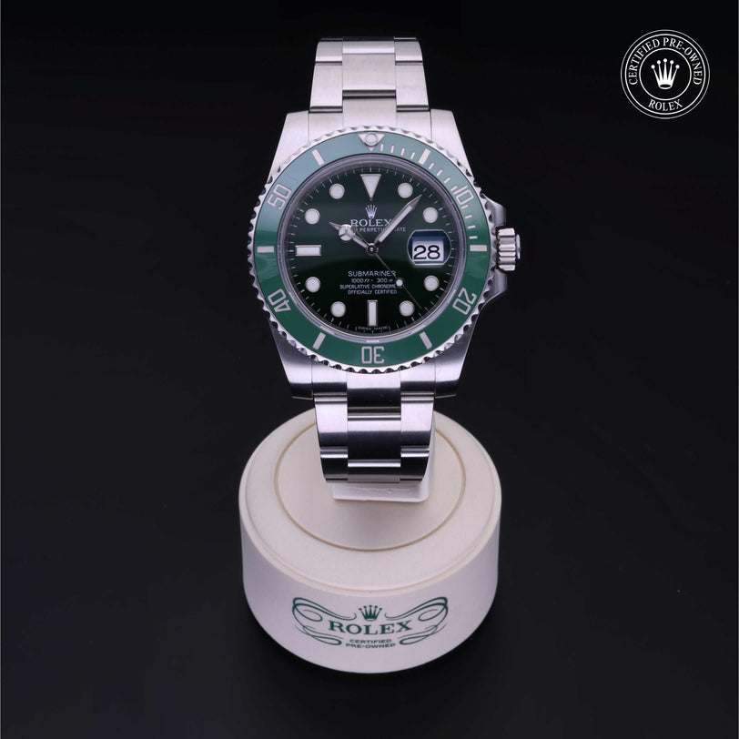 Rolex Certified Pre-owned Submariner M116610LV-0002 front on black background